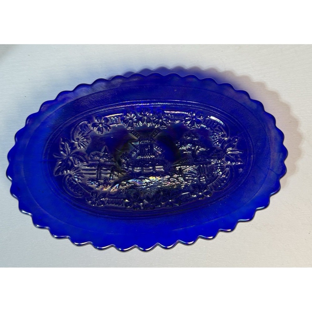 Vintage Cobalt Blue Imperial Glass Carnival Windmill Dresser Tray/Pickle Dish